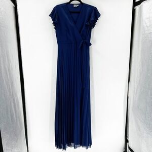 ASOS Maxi Dress Womens 12 Blue Excellent Pleated Flutter Sleeve Wrap V-Neck